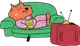 NomNom mascot relaxing with a snack